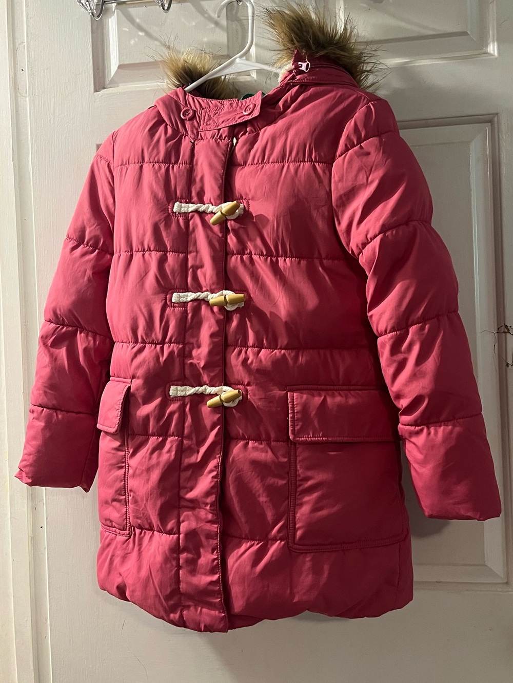 Mini Boden Raspberry Pink Hooded Puffer Coat with Faux Fur Trim